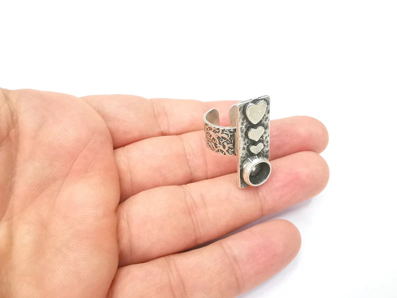 Heart Ring Blank Setting, Cabochon Mounting, Adjustable Resin Ring Base Bezels, Antique Silver Inlay Ring Mosaic Ring Bezel (8mm) G28585