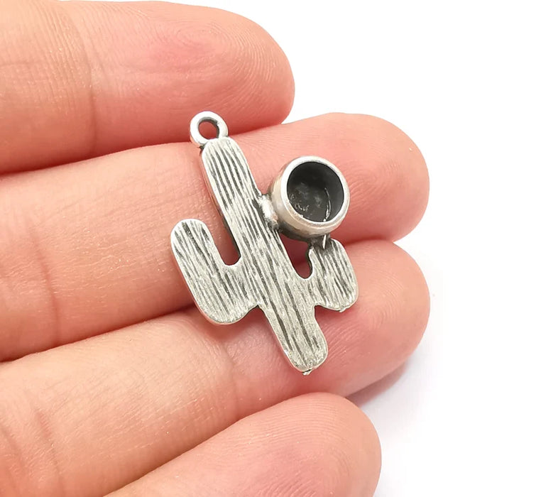 Cactus Charms Pendant Bezel, Resin Blank, inlay Mounting, Mosaic Frame Cabochon Base Dry Flower Setting, Antique Silver Plated (6mm) G28588