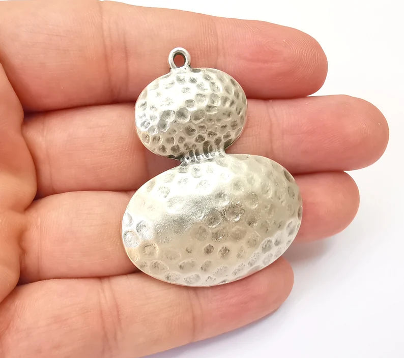 Hammered Oval Domed Charms Antique Silver Plated Teardrop Charms (50x41mm) G28589