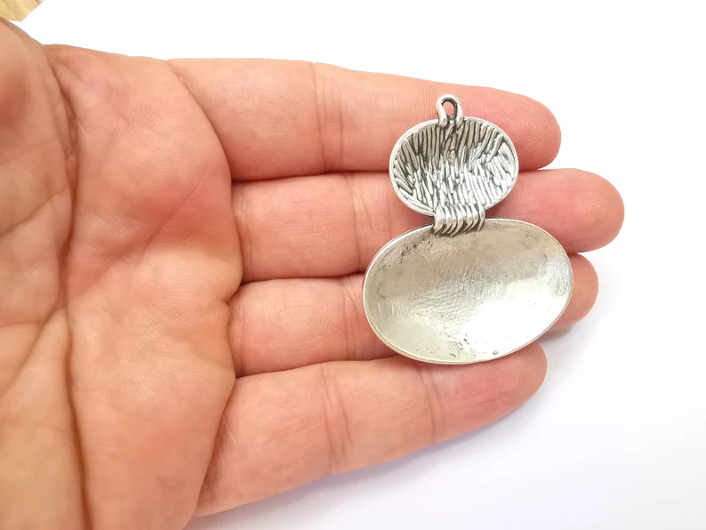 Hammered Oval Domed Charms Antique Silver Plated Teardrop Charms (50x41mm) G28589