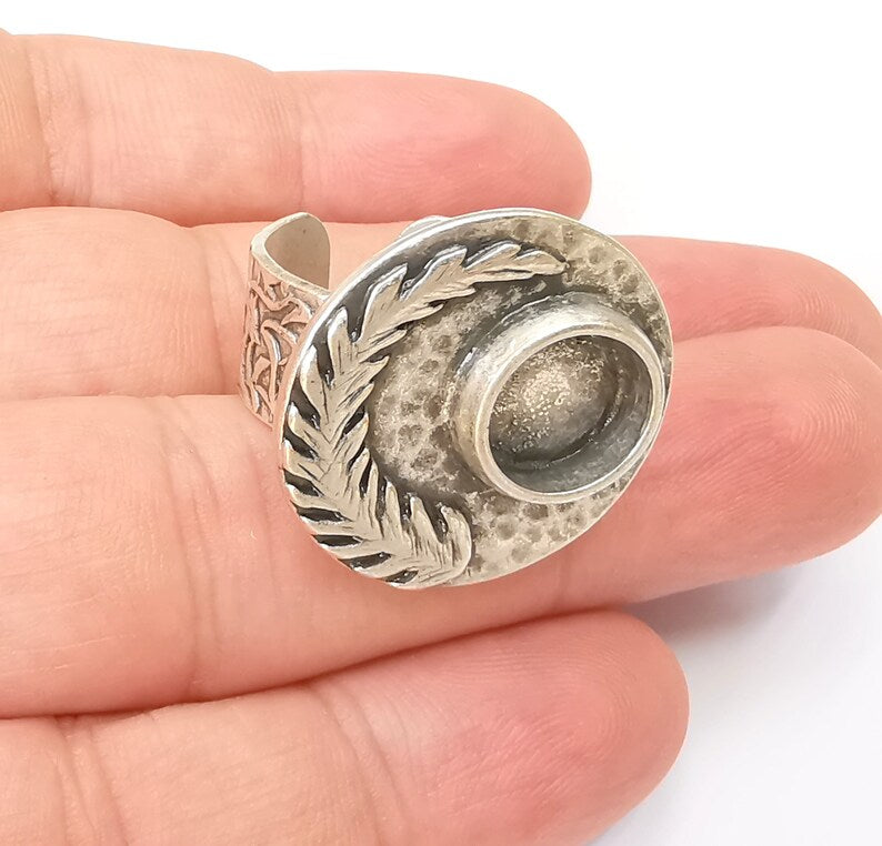 Fern Leaf Ring Blank Settings, Cabochon Mounting, Adjustable Resin Ring Base Bezel, Antique Silver Inlay Mosaic Ring Bezel (10mm) G28571