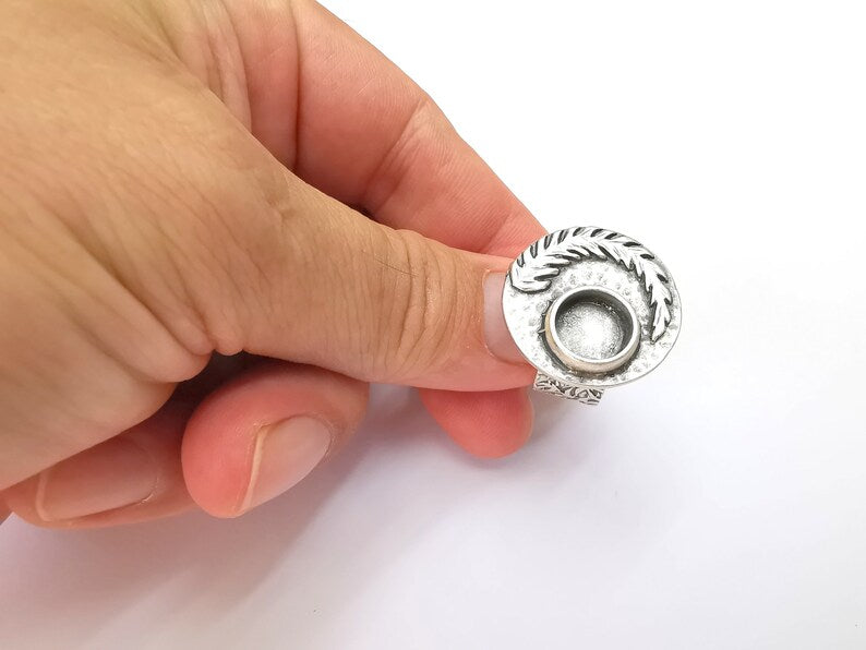 Fern Leaf Ring Blank Settings, Cabochon Mounting, Adjustable Resin Ring Base Bezel, Antique Silver Inlay Mosaic Ring Bezel (10mm) G28571