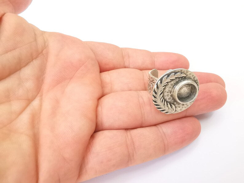 Fern Leaf Ring Blank Settings, Cabochon Mounting, Adjustable Resin Ring Base Bezel, Antique Silver Inlay Mosaic Ring Bezel (10mm) G28571