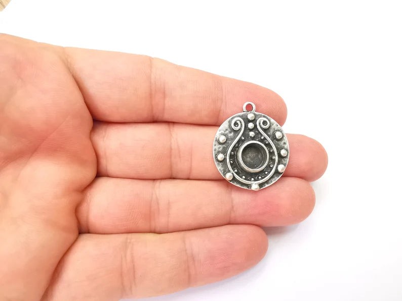 Unique Pendant Bezel, Resin Blank, inlay Mounting, Mosaic Frame Cabochon Base Dry Flower Setting, Antique Silver Plated (8mm) G28570