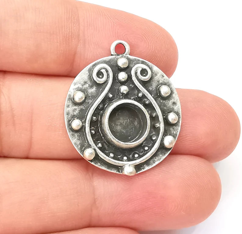 Unique Pendant Bezel, Resin Blank, inlay Mounting, Mosaic Frame Cabochon Base Dry Flower Setting, Antique Silver Plated (8mm) G28570