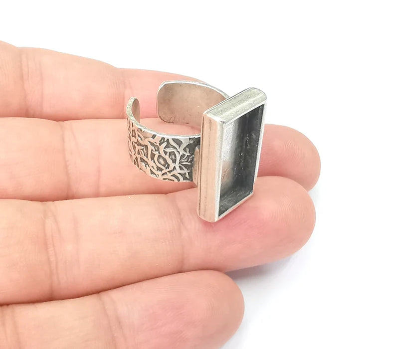 Rectangle Antique Silver Ring Blank Settings, Cabochon Mounting, Adjustable Resin Ring Base Bezel, Inlay Mosaic Ring Bezel (25x10mm) G28592