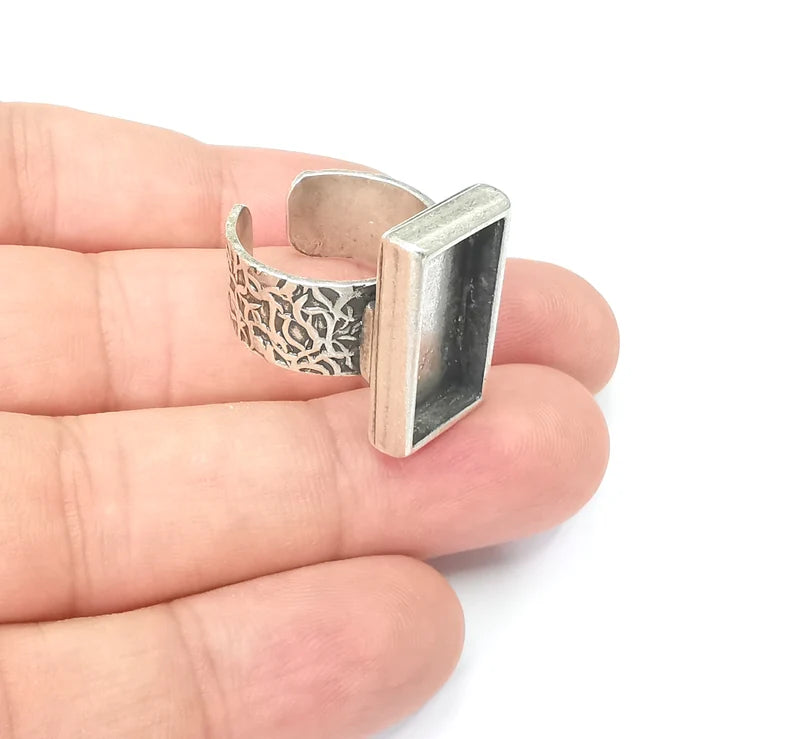Rectangle Antique Silver Ring Blank Settings, Cabochon Mounting, Adjustable Resin Ring Base Bezel, Inlay Mosaic Ring Bezel (25x10mm) G28592