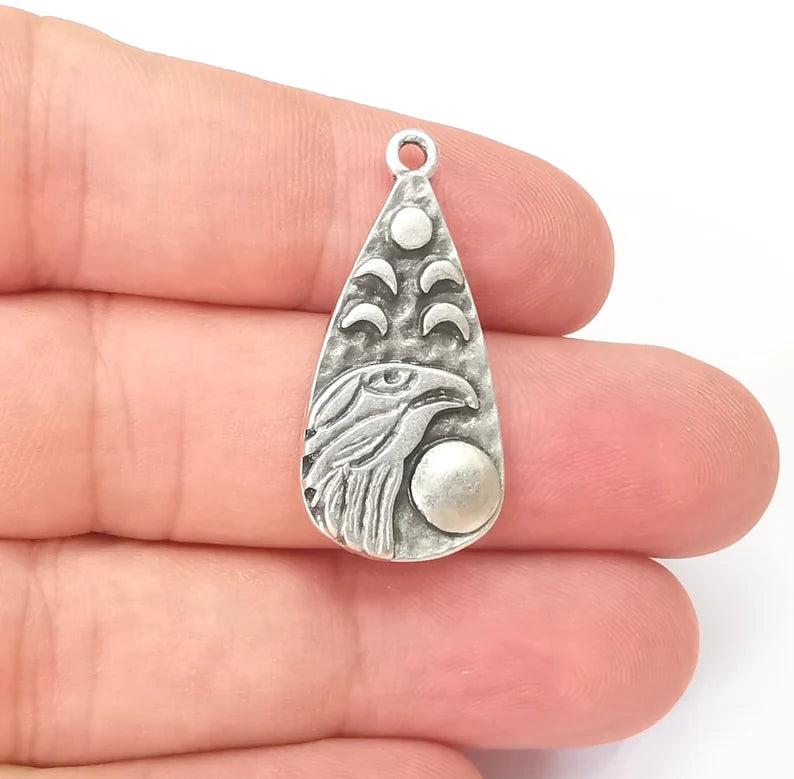 Moon Crescent Raven Charms, Eagle Charms, The Phases of The Moon, Antique Silver Plated Charms (33x16mm) G28593