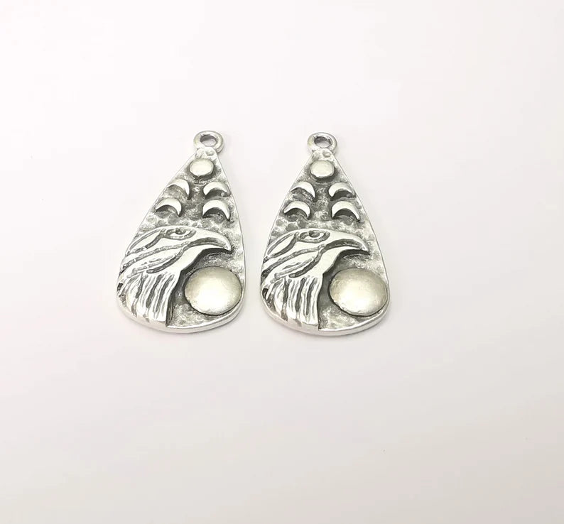 Moon Crescent Raven Charms, Eagle Charms, The Phases of The Moon, Antique Silver Plated Charms (33x16mm) G28593