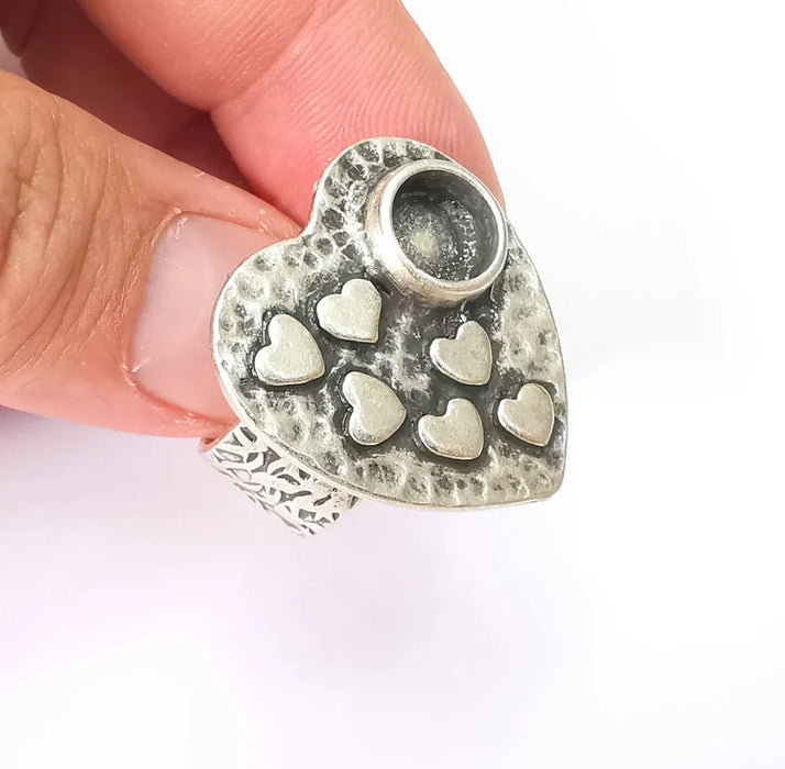 Heart Ring Blank Setting, Cabochon Mounting, Adjustable Resin Ring Base Bezels, Antique Silver Inlay Ring Mosaic Ring Bezel (8mm) G28595