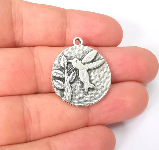 Hummingbird and Flower Charms, Antique Silver Plated Bird Charms (25mm) G28596