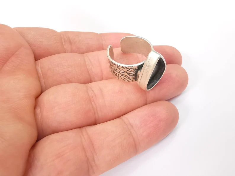 Teardrop Antique Silver Ring Blank Settings, Cabochon Mounting, Adjustable Resin Ring Base Bezel, Inlay Mosaic Ring Bezel (18x13mm) G28598