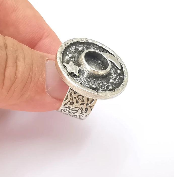 Moon and Star Ring Blank Setting, Cabochon Mounting, Adjustable Resin Ring Base, Antique Silver Inlay Mosaic Ring Bezel (8mm) G28599