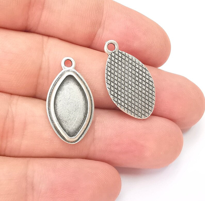 Marquise Charm Bezel, Resin Blank, inlay Mounting, Mosaic Pendant Frame, Cabochon Base,Dry Flower Setting, Antique Silver (18x10mm) G28601