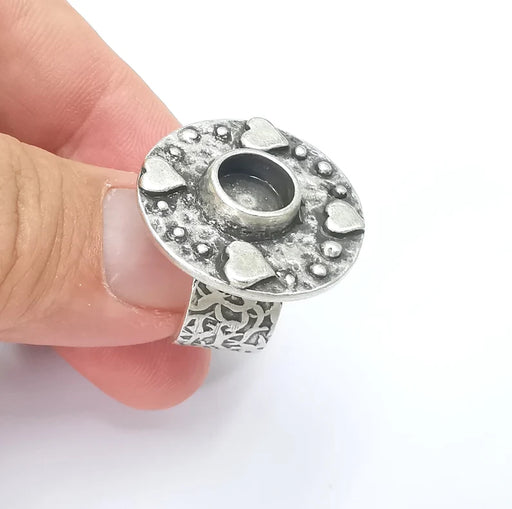 Heart Ring Blank Setting, Cabochon Mounting, Adjustable Resin Ring Base Bezels, Antique Silver Inlay Ring Mosaic Ring Bezel (8mm) G28602