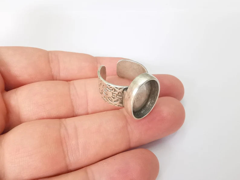 Oval Antique Silver Ring Blank Setting, Cabochon Mounting, Adjustable Resin Ring Base Bezels, Inlay Ring Mosaic Ring Bezel (18x13mm) G28606