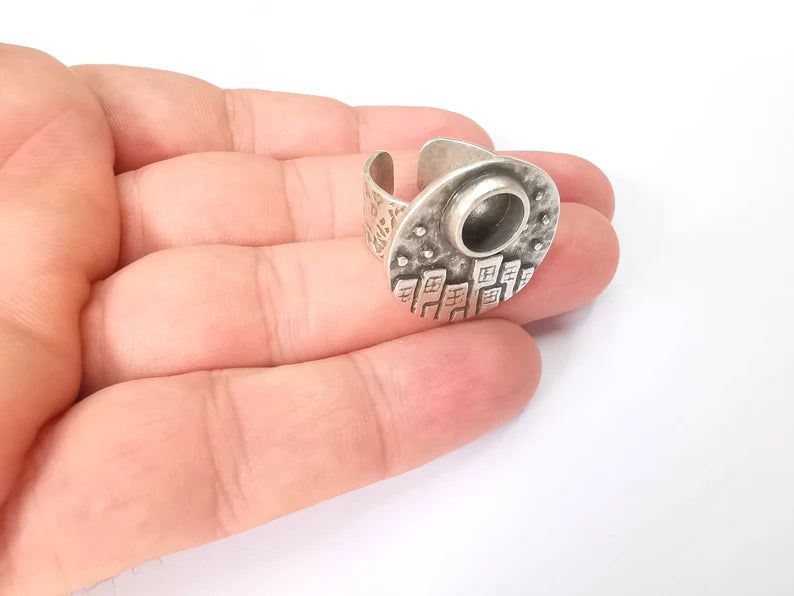 City Ring Blank Setting, Cabochon Mounting, Adjustable Resin Ring Base Bezels, Antique Silver Inlay Ring Mosaic Ring Bezel (8mm) G28610