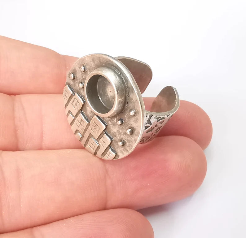 City Ring Blank Setting, Cabochon Mounting, Adjustable Resin Ring Base Bezels, Antique Silver Inlay Ring Mosaic Ring Bezel (8mm) G28610