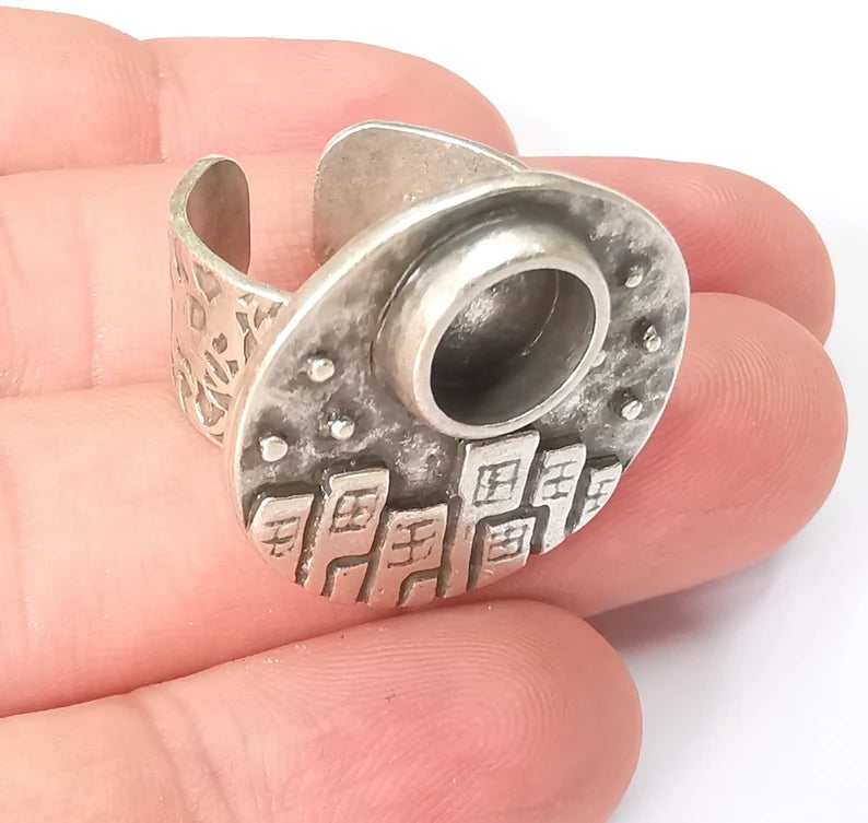 City Ring Blank Setting, Cabochon Mounting, Adjustable Resin Ring Base Bezels, Antique Silver Inlay Ring Mosaic Ring Bezel (8mm) G28610