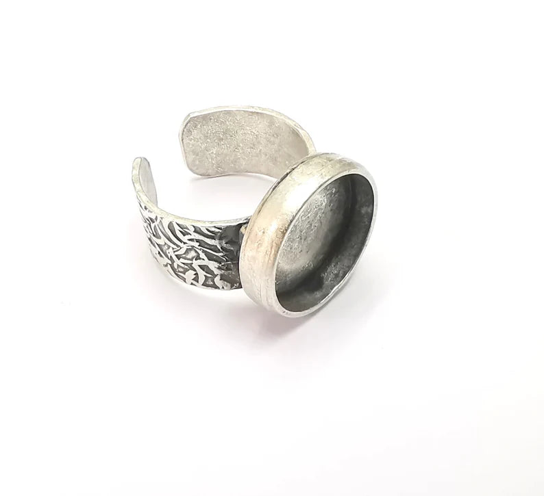 Round Antique Silver Ring Blank Setting, Cabochon Mounting, Adjustable Resin Ring Base Bezels, Inlay Ring Mosaic Ring Bezel (16mm) G28612