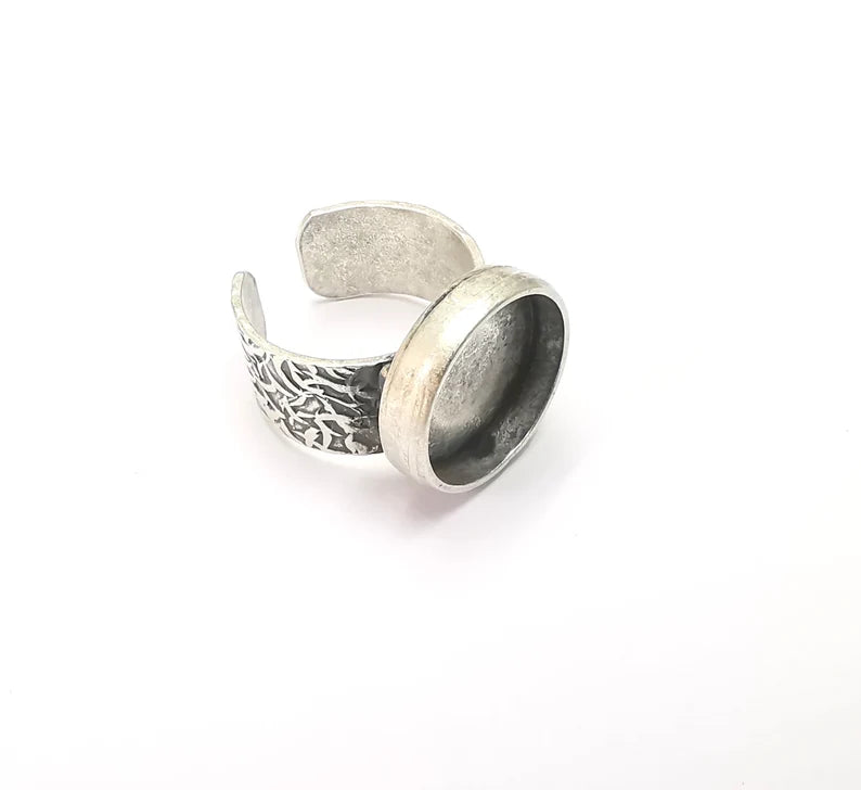 Round Antique Silver Ring Blank Setting, Cabochon Mounting, Adjustable Resin Ring Base Bezels, Inlay Ring Mosaic Ring Bezel (16mm) G28612