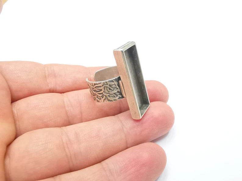 Rectangle Antique Silver Ring Blank Settings, Cabochon Mounting, Adjustable Resin Ring Base Bezel, Inlay Mosaic Ring Bezel (30x10mm) G28615