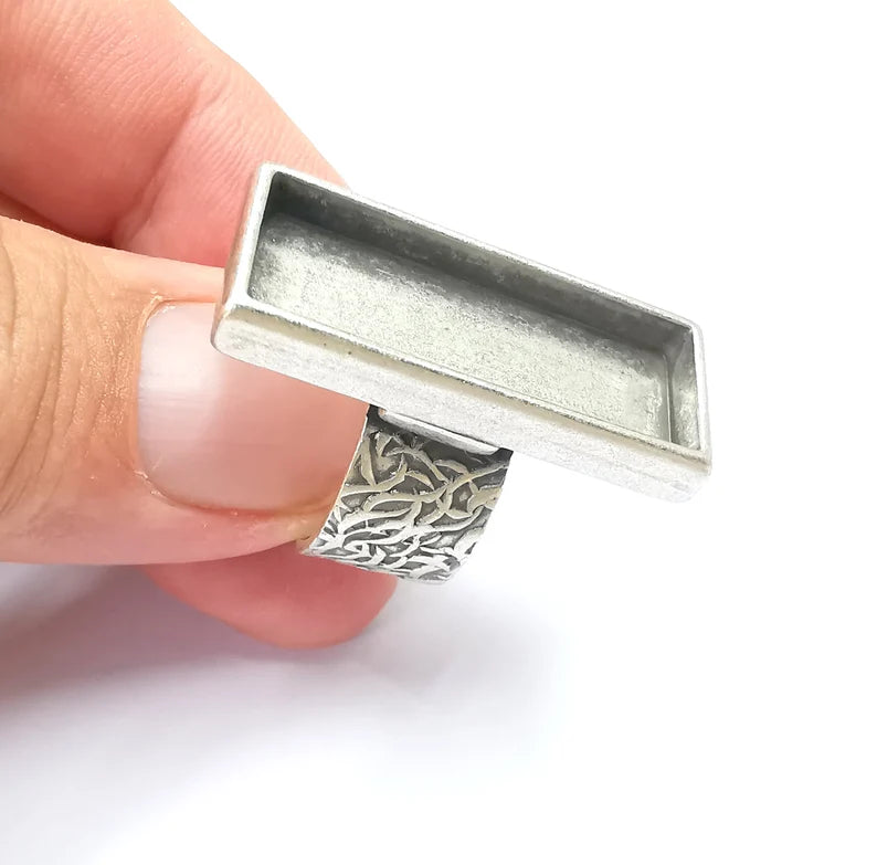 Rectangle Antique Silver Ring Blank Settings, Cabochon Mounting, Adjustable Resin Ring Base Bezel, Inlay Mosaic Ring Bezel (30x10mm) G28615