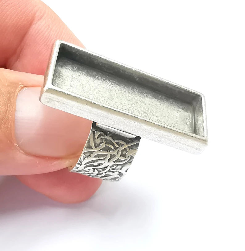 Rectangle Antique Silver Ring Blank Settings, Cabochon Mounting, Adjustable Resin Ring Base Bezel, Inlay Mosaic Ring Bezel (30x10mm) G28615