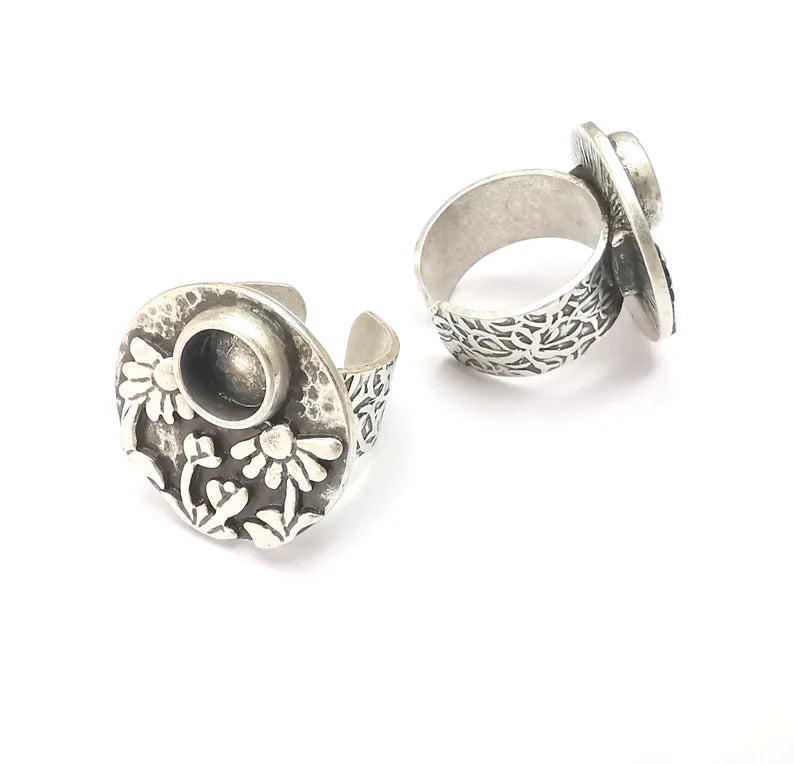 Flower Ring Blank Setting, Cabochon Mounting, Adjustable Resin Ring Base Bezels, Antique Silver Inlay Ring Mosaic Ring Bezel (8mm) G28617