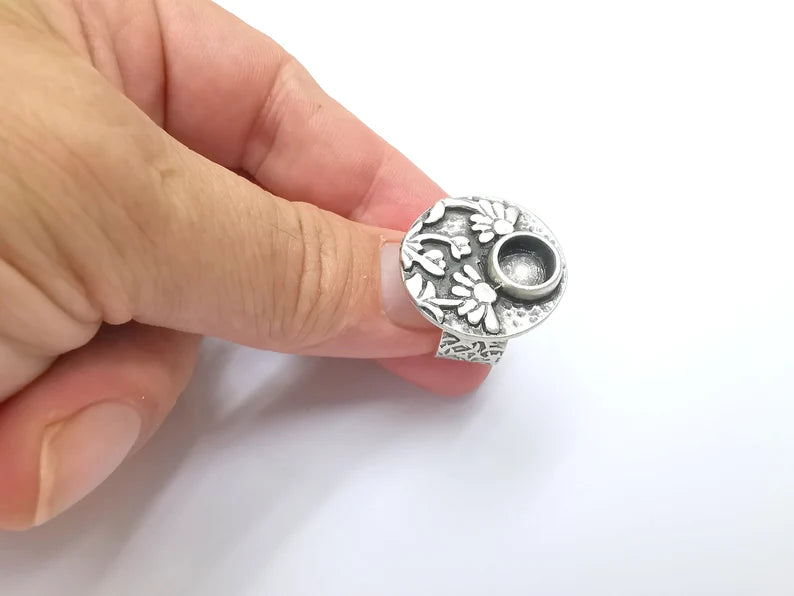Flower Ring Blank Setting, Cabochon Mounting, Adjustable Resin Ring Base Bezels, Antique Silver Inlay Ring Mosaic Ring Bezel (8mm) G28617