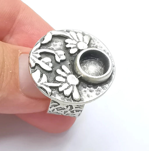 Flower Ring Blank Setting, Cabochon Mounting, Adjustable Resin Ring Base Bezels, Antique Silver Inlay Ring Mosaic Ring Bezel (8mm) G28617