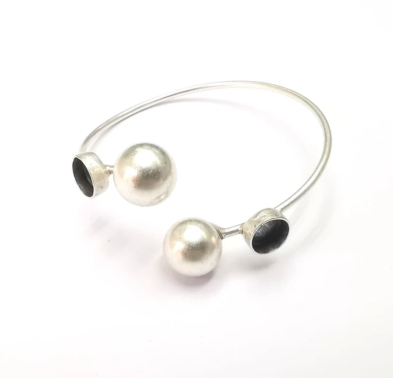 Silver Ball Head Bracelet Brass Cuff Blank Bezel Cabochon Base Adjustable Antique Silver (8mm blanks) G28621