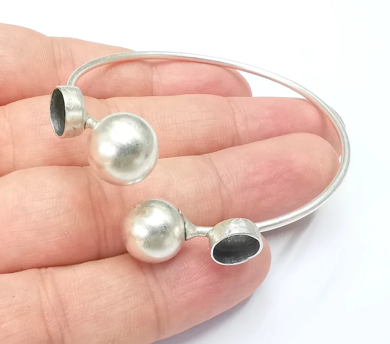 Silver Ball Head Bracelet Brass Cuff Blank Bezel Cabochon Base Adjustable Antique Silver (8mm blanks) G28621