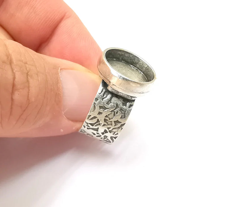 Round Antique Silver Ring Blank Setting, Cabochon Mounting, Adjustable Resin Ring Base Bezels, Inlay Ring Mosaic Ring Bezel (14mm) G28623
