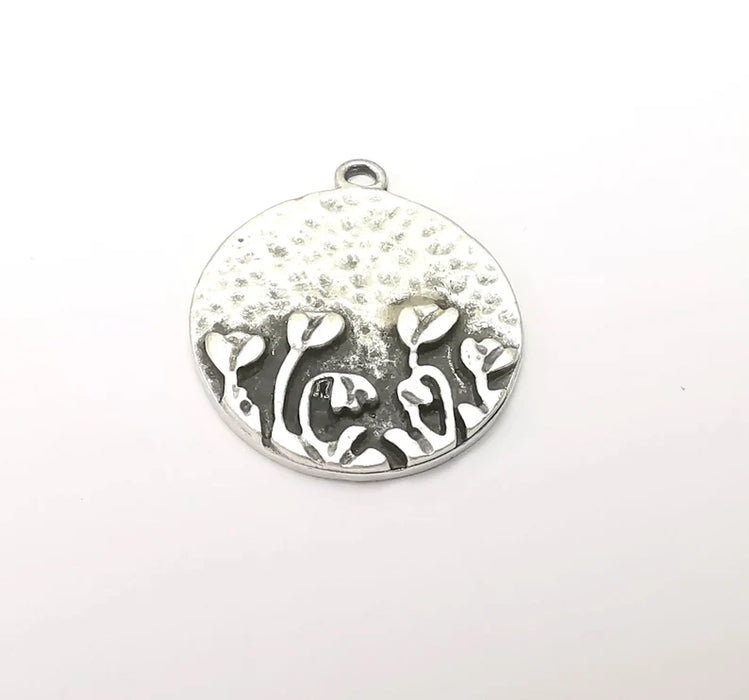 Flower Garden Charms Antique Silver Plated Hammered Charms (24mm) G28625