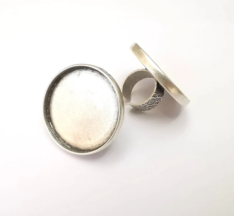 Round Antique Silver Ring Blank Setting, Cabochon Mounting, Adjustable Resin Ring Base Bezel, Inlay Ring Mosaic Ring Bezel (40mm) G28631