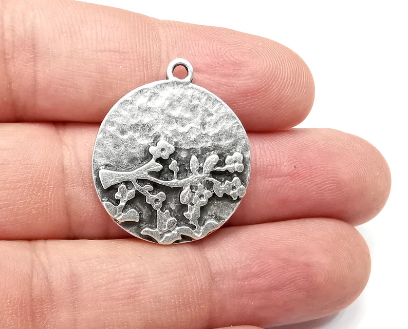 Flower Branch Charms Antique Silver Plated Hammered Charms (28x24mm) G28633