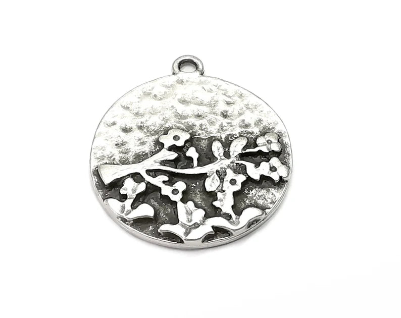 Flower Branch Charms Antique Silver Plated Hammered Charms (28x24mm) G28633