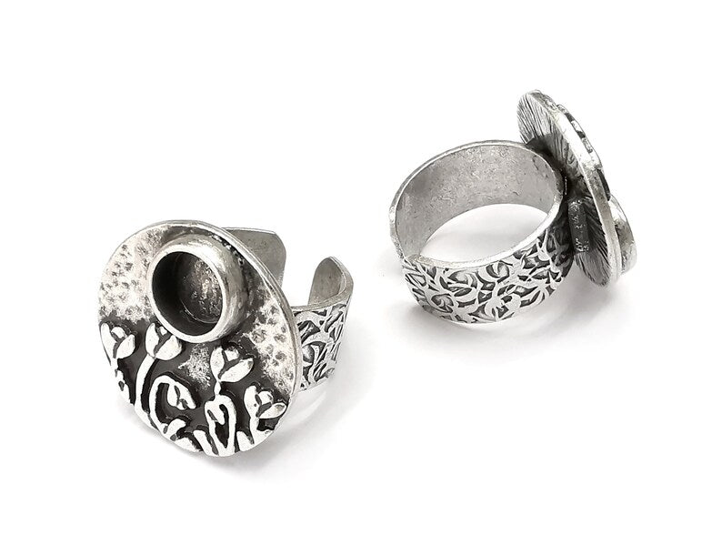 Flower Ring Setting , Tulip Ring, Hammered Round Ring Blank , Cabochon Mounting, Adjustable Resin Base Bezels, Antique Silver (8mm) G28635