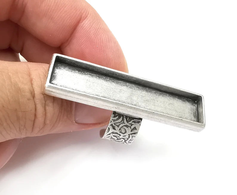 Rectangle Ring, Ring Blank Setting, Cabochon Mounting, Adjustable Resin Base Bezels, Antique Silver Plated (50x10mm) G28637