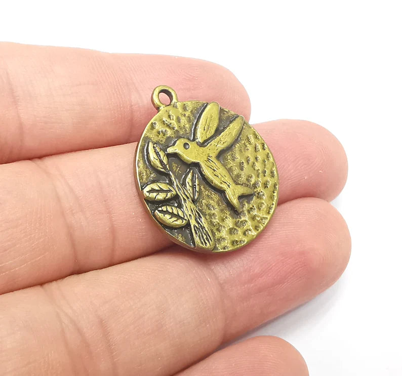 Hummingbird and Flower Charms, Antique Bronze Plated Bird Charms (25mm) G28640
