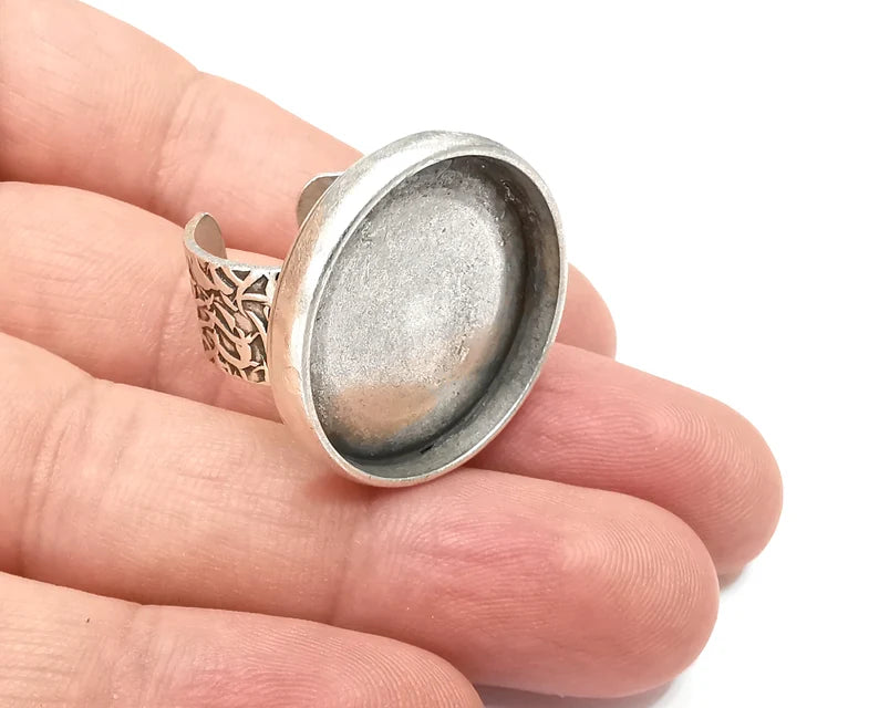 Round Ring, Flat Blank Setting, Cabochon Mounting, Adjustable Resin Base Bezels, Antique Silver Plated (25mm) G28642