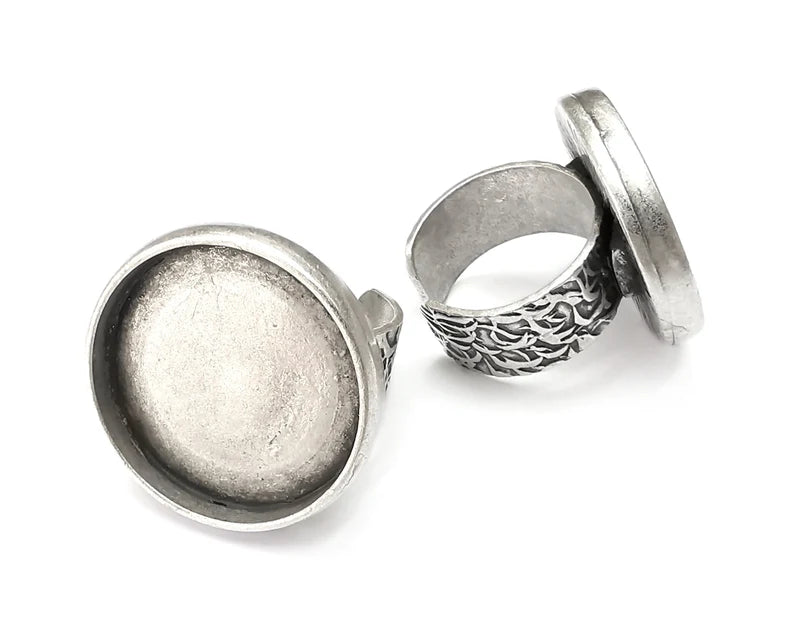 Round Ring, Flat Blank Setting, Cabochon Mounting, Adjustable Resin Base Bezels, Antique Silver Plated (25mm) G28642