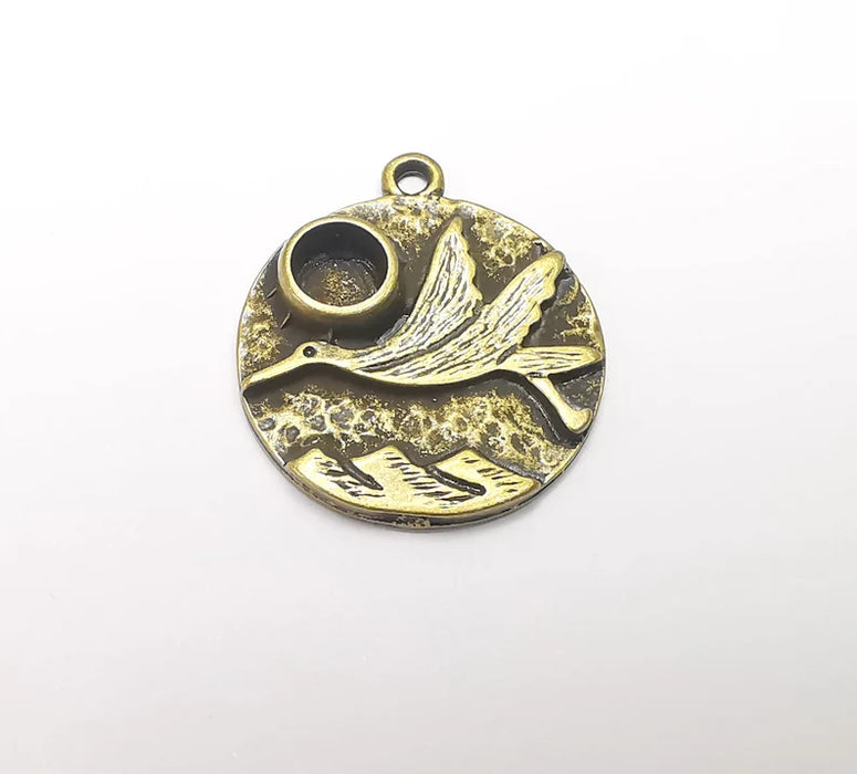 Stork and Mountains Charms Pendant Bezel, Resin Blank, inlay Mounting, Mosaic Frame Cabochon Base, Antique Bronze Plated (6mm) G28644