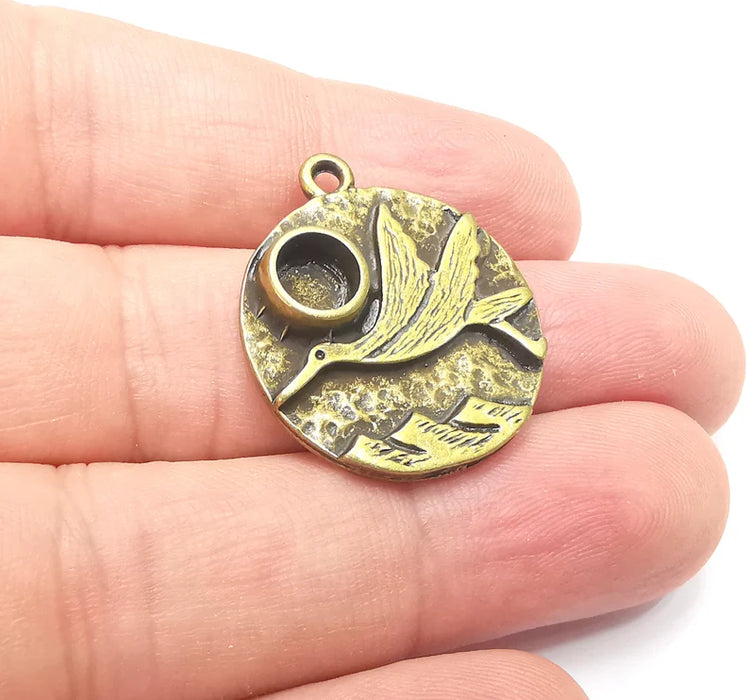 Stork and Mountains Charms Pendant Bezel, Resin Blank, inlay Mounting, Mosaic Frame Cabochon Base, Antique Bronze Plated (6mm) G28644