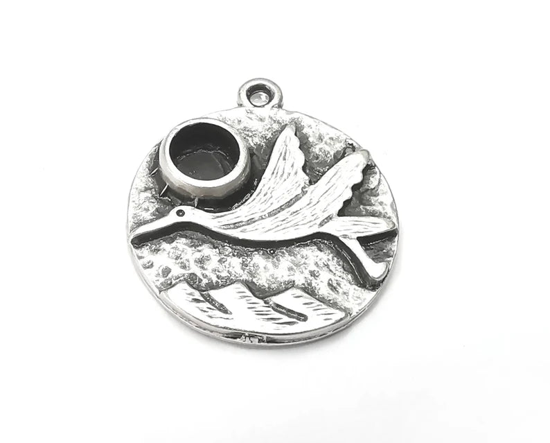 Stork and Mountains Charms Pendant Bezel, Resin Blank, inlay Mounting, Mosaic Frame Cabochon Base, Antique Silver Plated (6mm) G28646