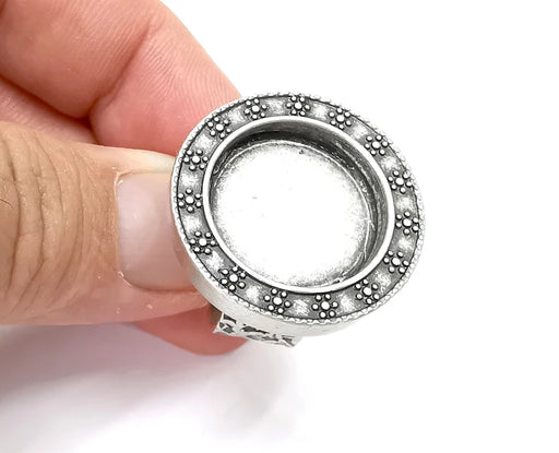 Flower Round Ring, Flat Blank Setting, Cabochon Mounting, Adjustable Resin Base Bezels, Antique Silver Plated (20mm) G28647