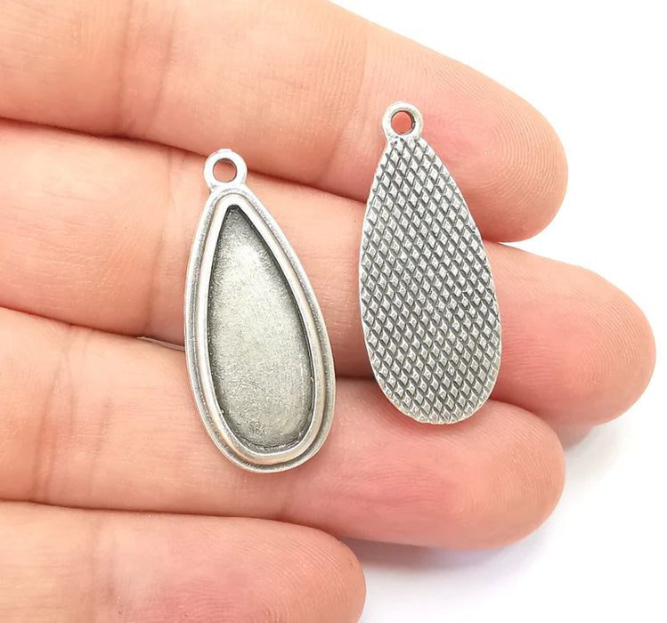 Teardrop Charm Bezel, Resin Blank, Mosaic Pendant Frame, Cabochon Base,Dry Flower Setting,Antique Silver Plated (25x10mm) G28654