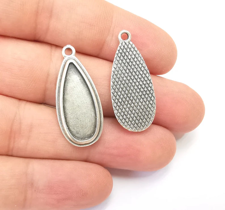 Teardrop Charm Bezel, Resin Blank, Mosaic Pendant Frame, Cabochon Base,Dry Flower Setting,Antique Silver Plated (25x10mm) G28654