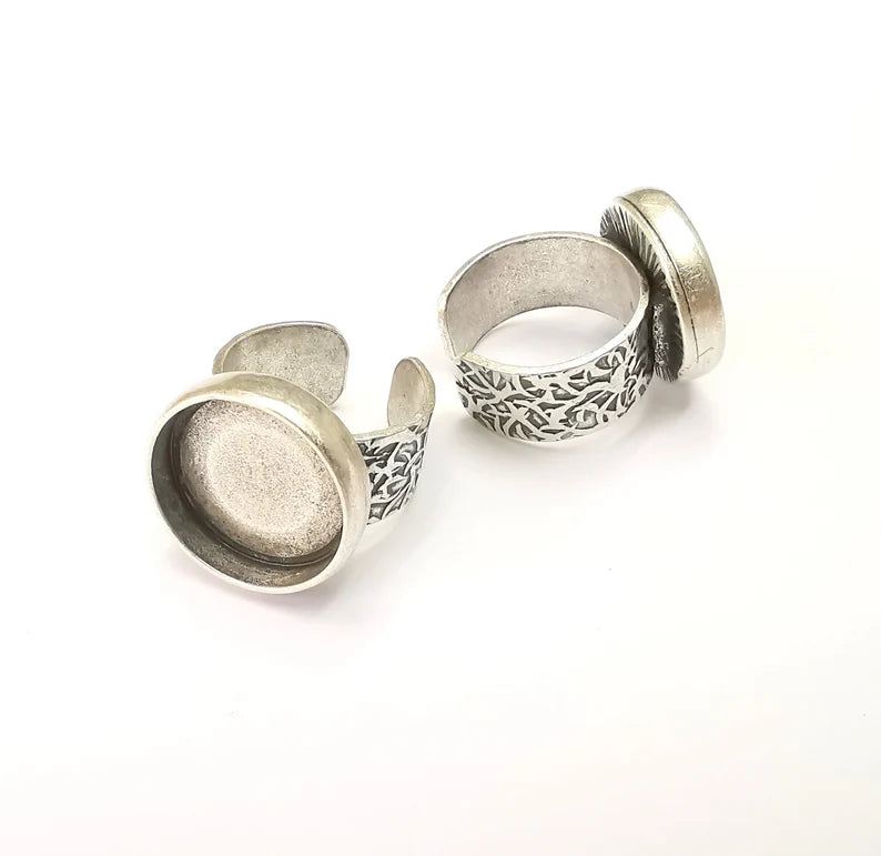 Round Antique Silver Ring Blank Setting, Cabochon Mounting, Adjustable Resin Ring Base Bezels, Inlay Ring Mosaic Ring Bezel (18mm) G28656